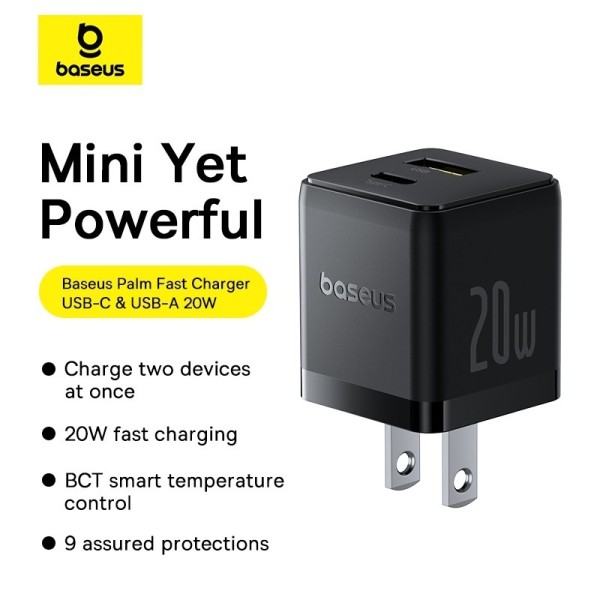 Baseus Palm Series 20W Dual Port USB-C + USB-A Fast Charger (US Plug)