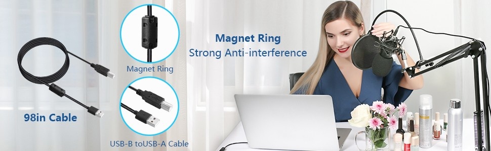 Magnet Ring USB Cable Maono AU-A04 microphone USB-B to USB-A cable with magnet ring for noise-free audio recording